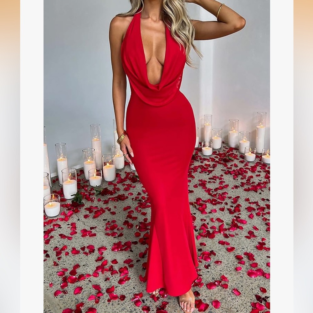 NEW Red halter plunge gown S